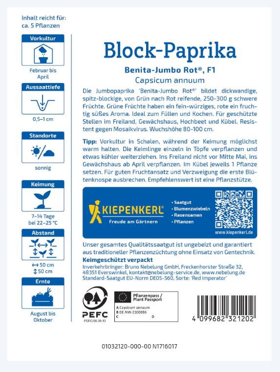 Paprika (óriás)-Benita-Jumbo Rot®, F1 Kiepenkerl ca. 5 db mag