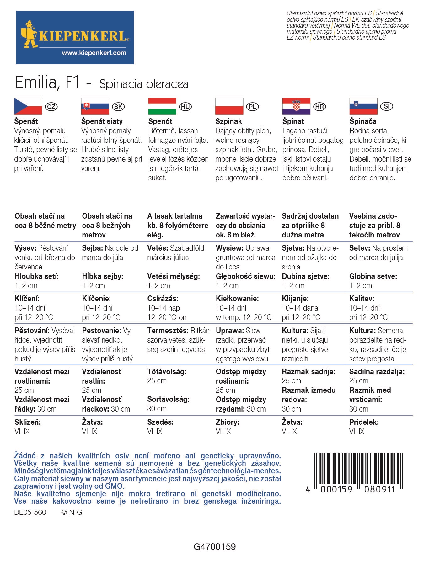 Letný špenát Emilia F1 Kiepenkerl na cca. 8 bm