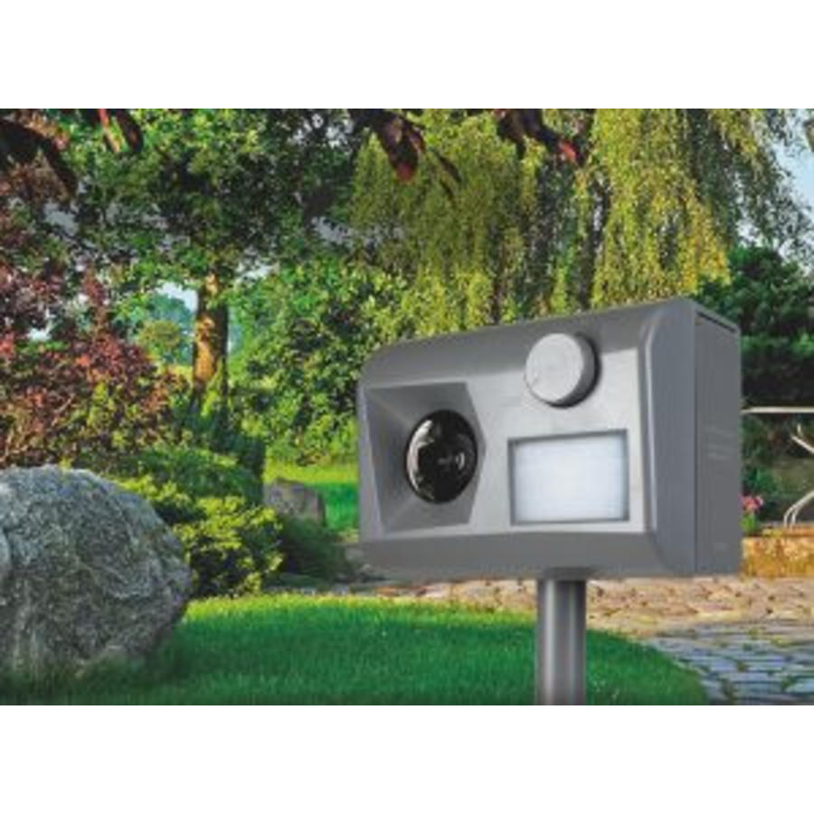 Ultrazvukový odpudzovač psov-mačiek, 200m2/fungovanie na baterky alebo adaptér/ IP54