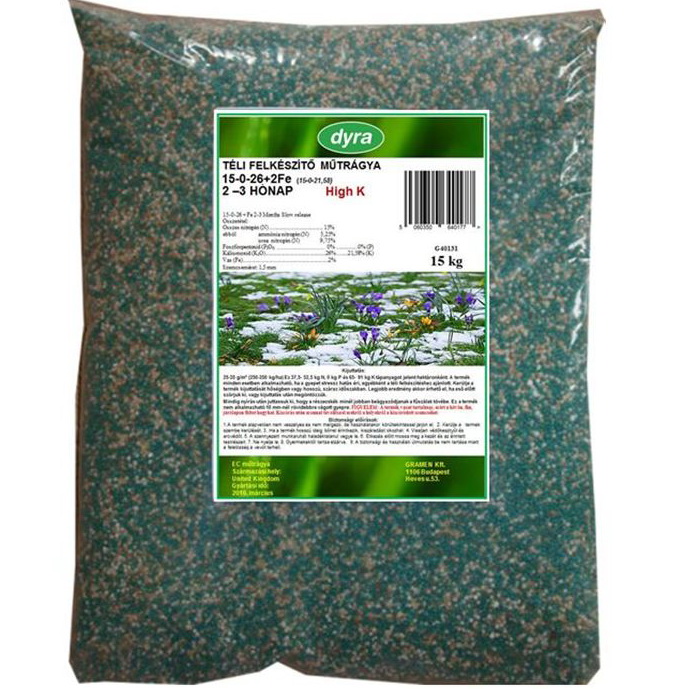 Dyra  trávnikové hnojivo (15-0-26+2Fe) 15 kg